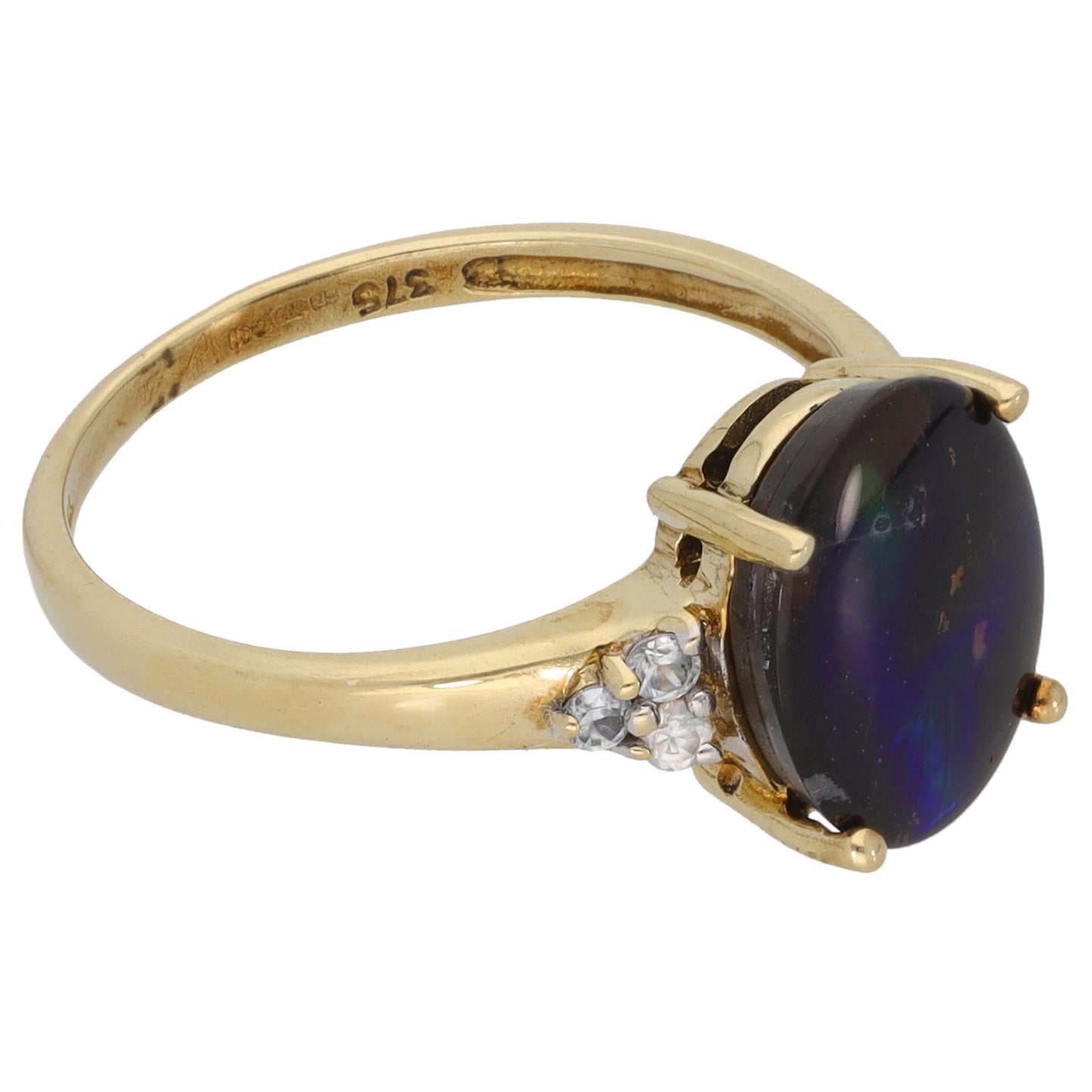 9ct Gold Ammolite & Imitation Single Stone Ring with Accent Stones Size N