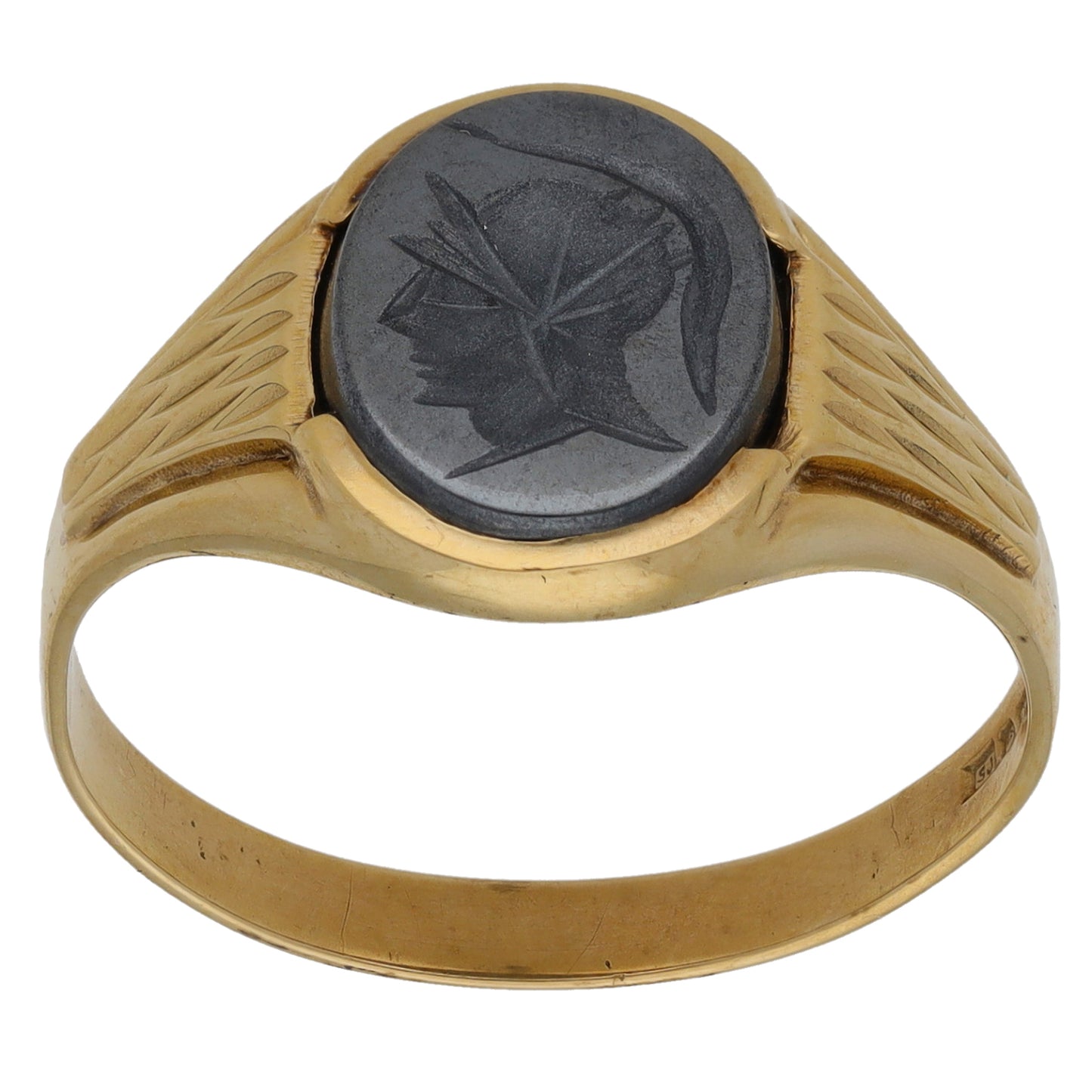 9ct Gold Hematite Crest/Emblem Single Stone Signet Ring Size W