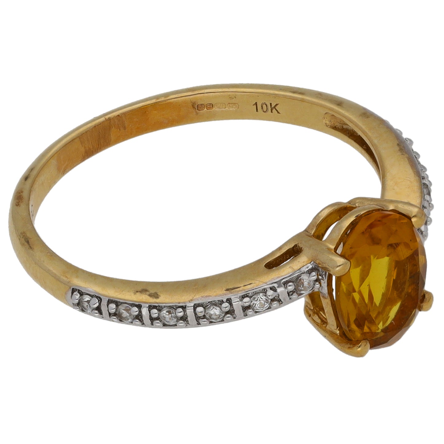 9ct Gold Citrine & Imitation Single Stone Ring with Accent Stones Size P