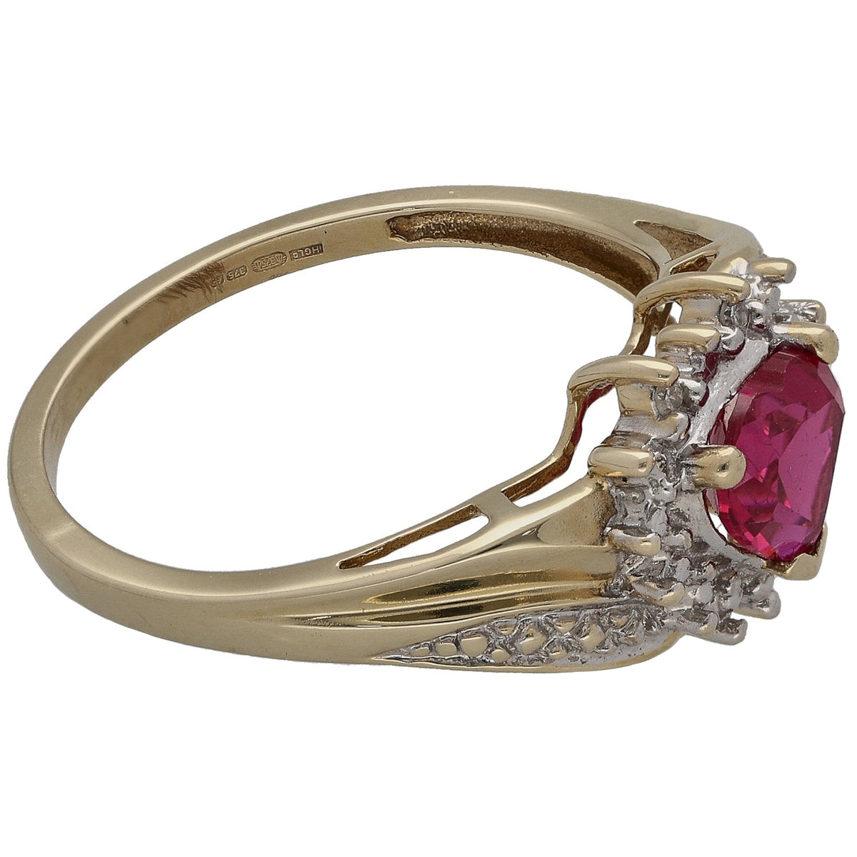 9ct gold solitaire ring side view, red ruby with diamond accents on open band