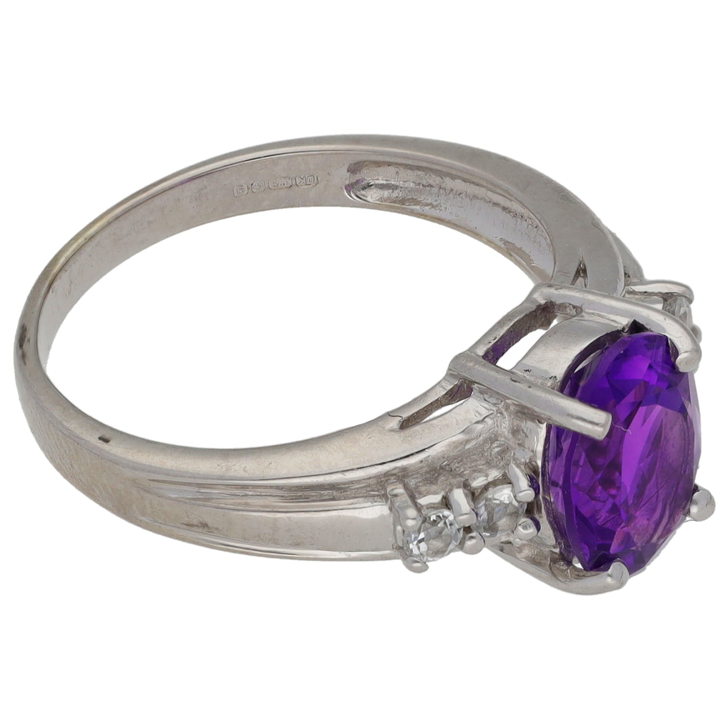 9ct White Gold Amethyst & White Topaz Single Stone Ring with Accent Stones Size N