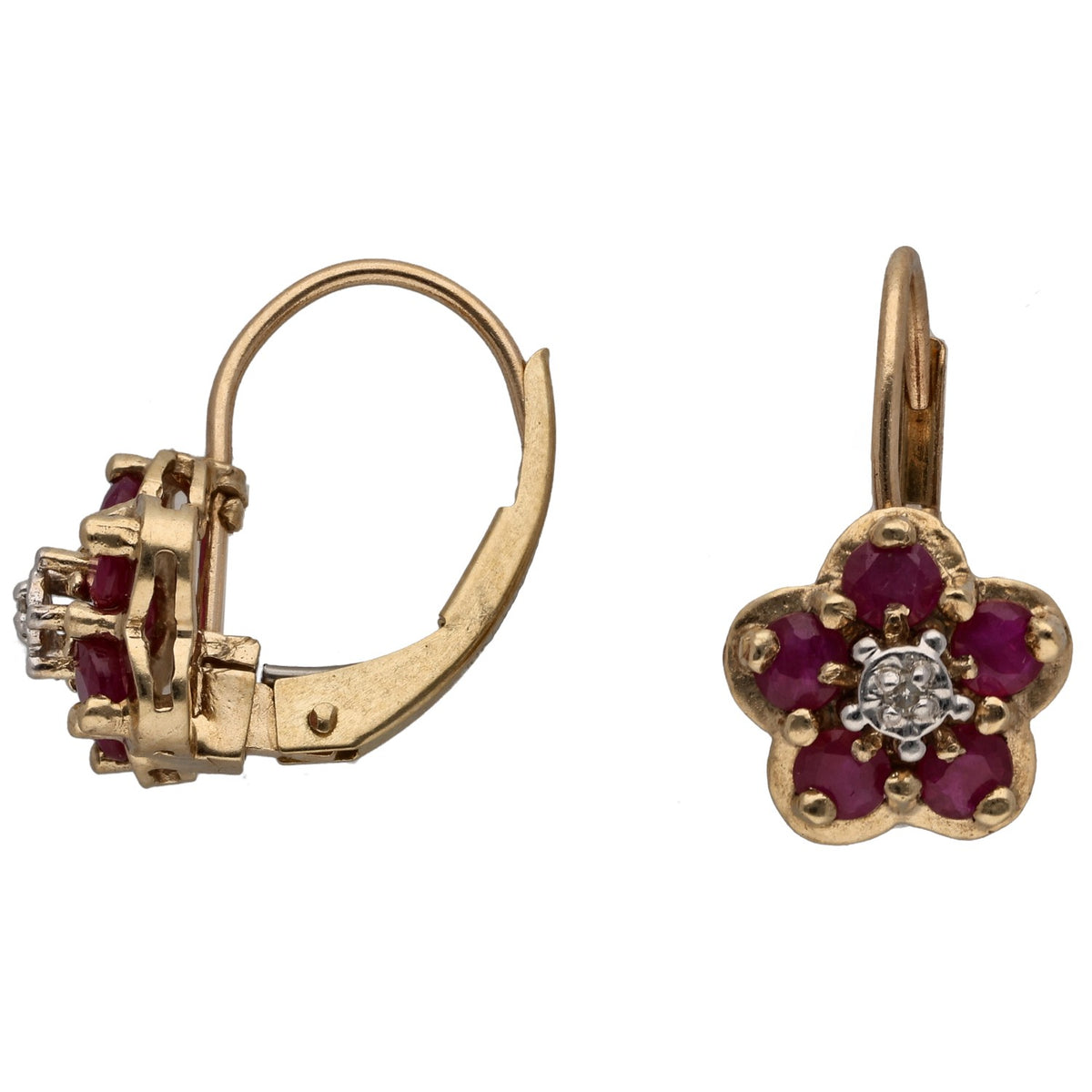 9ct gold ruby and round diamond cluster earrings with hinged hoop backs