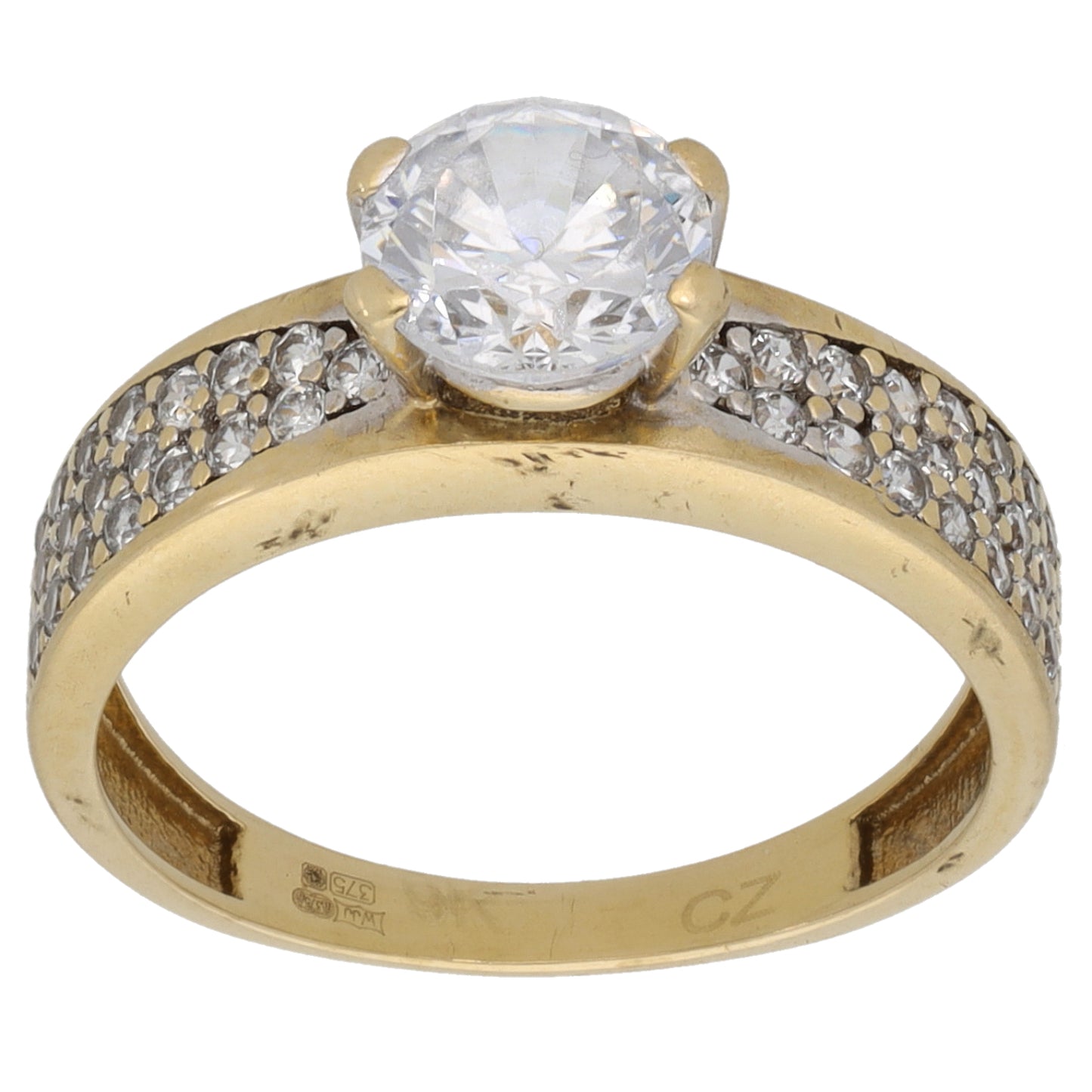 9ct Gold Cubic Zirconia Single Stone Ring with Accent Stones Size M