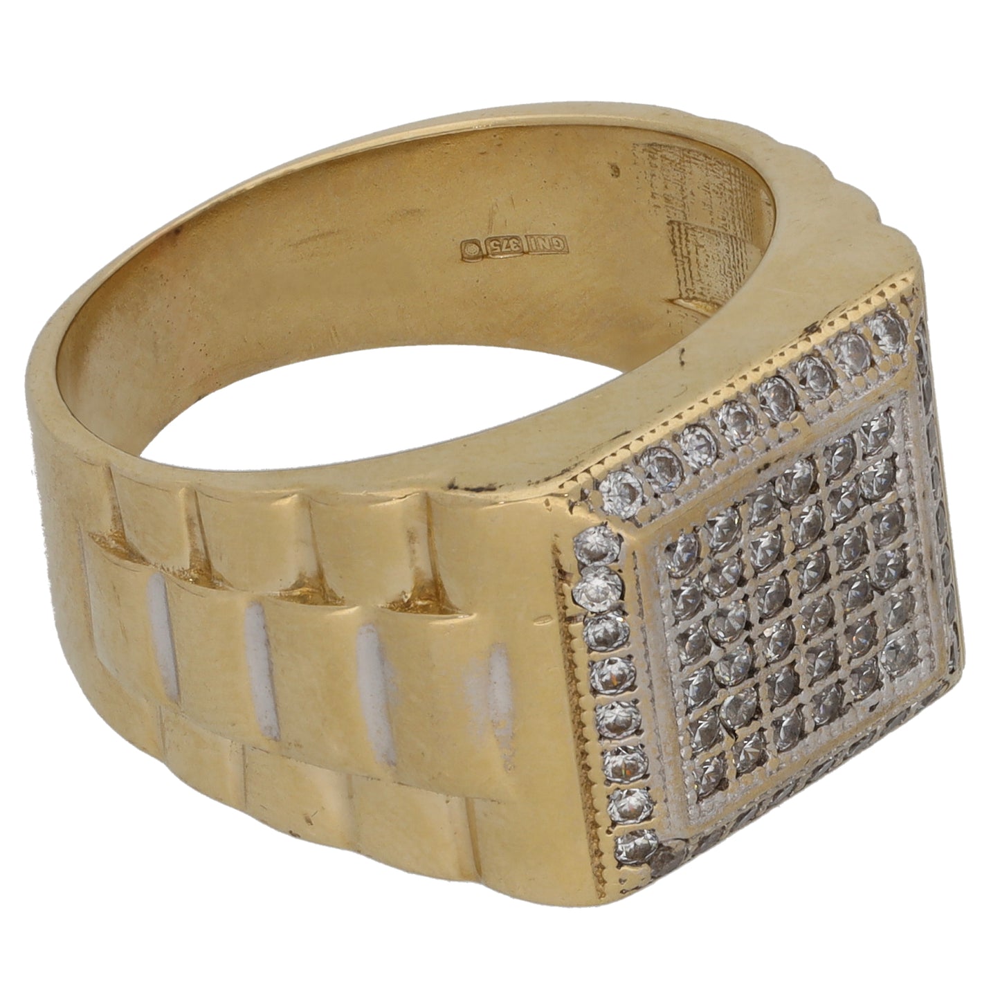 9ct Gold Cubic Zirconia Patterned Signet Ring Size R