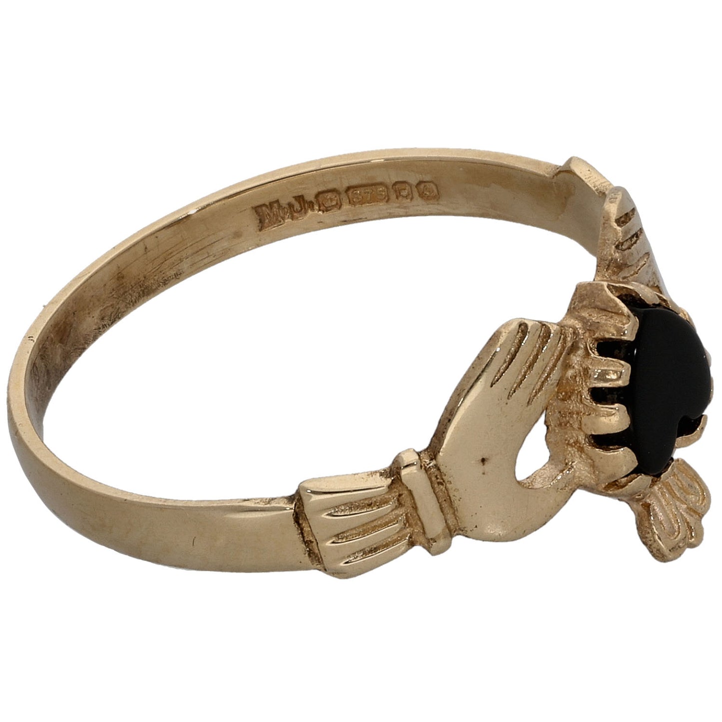 9ct Gold Onyx Single Stone Claddagh Ring Size P