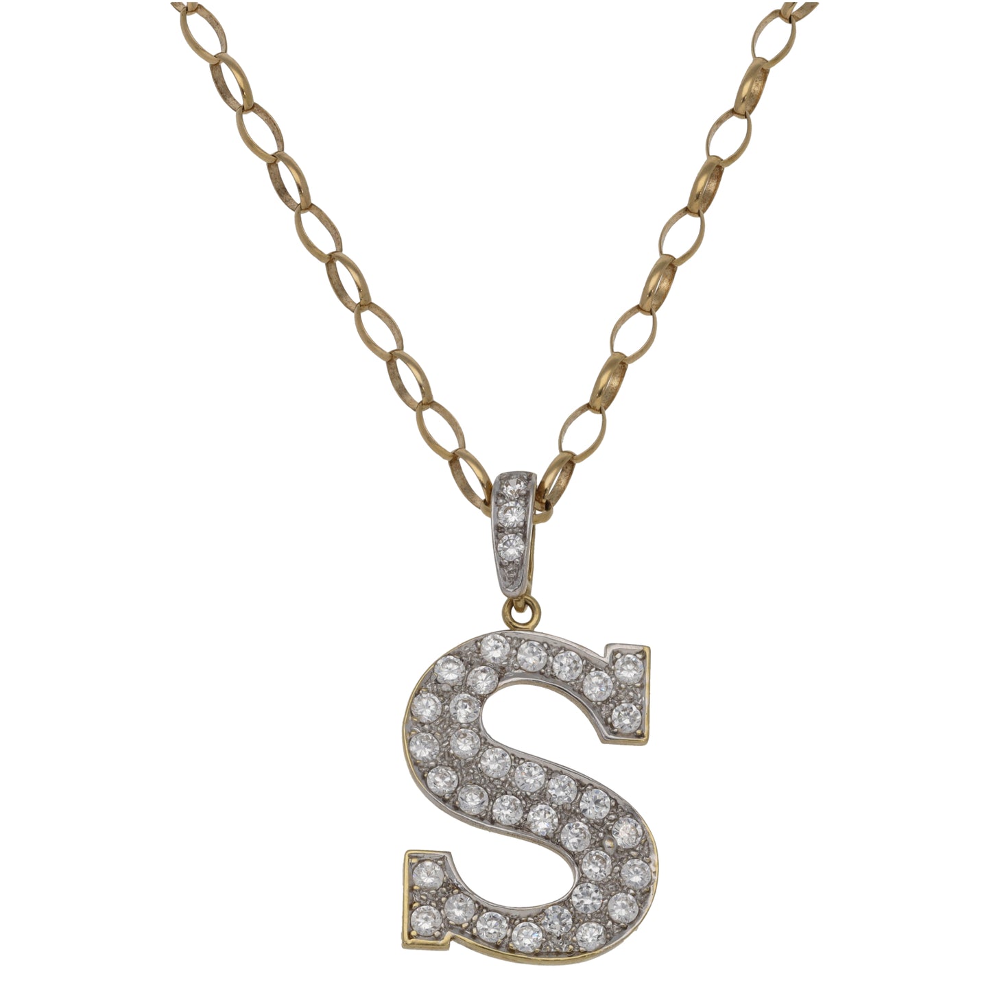 9ct Gold Cubic Zirconia Initial S Pendant With Chain