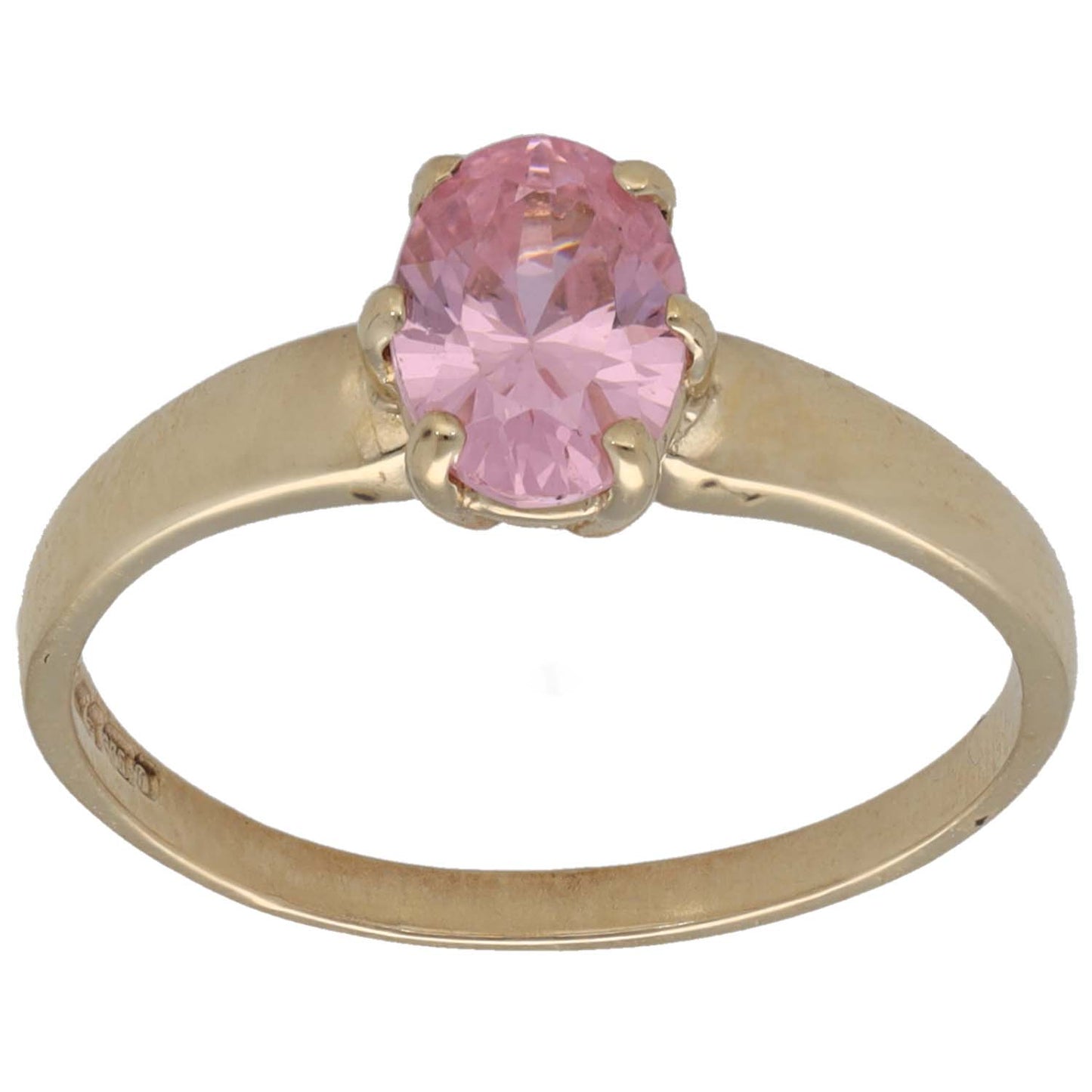 9ct gold single-stone ring with pink CZ cushion-cut in four-prong setting