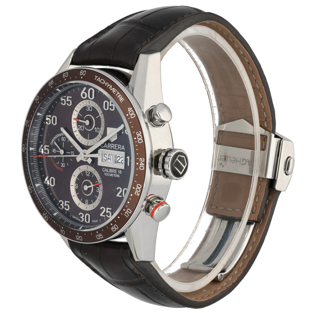Tag Heuer Carrera CV2A12-1 , brown dial with tachymetre inside 43mm stainless steel case, with adjustable leather bracelet, front image