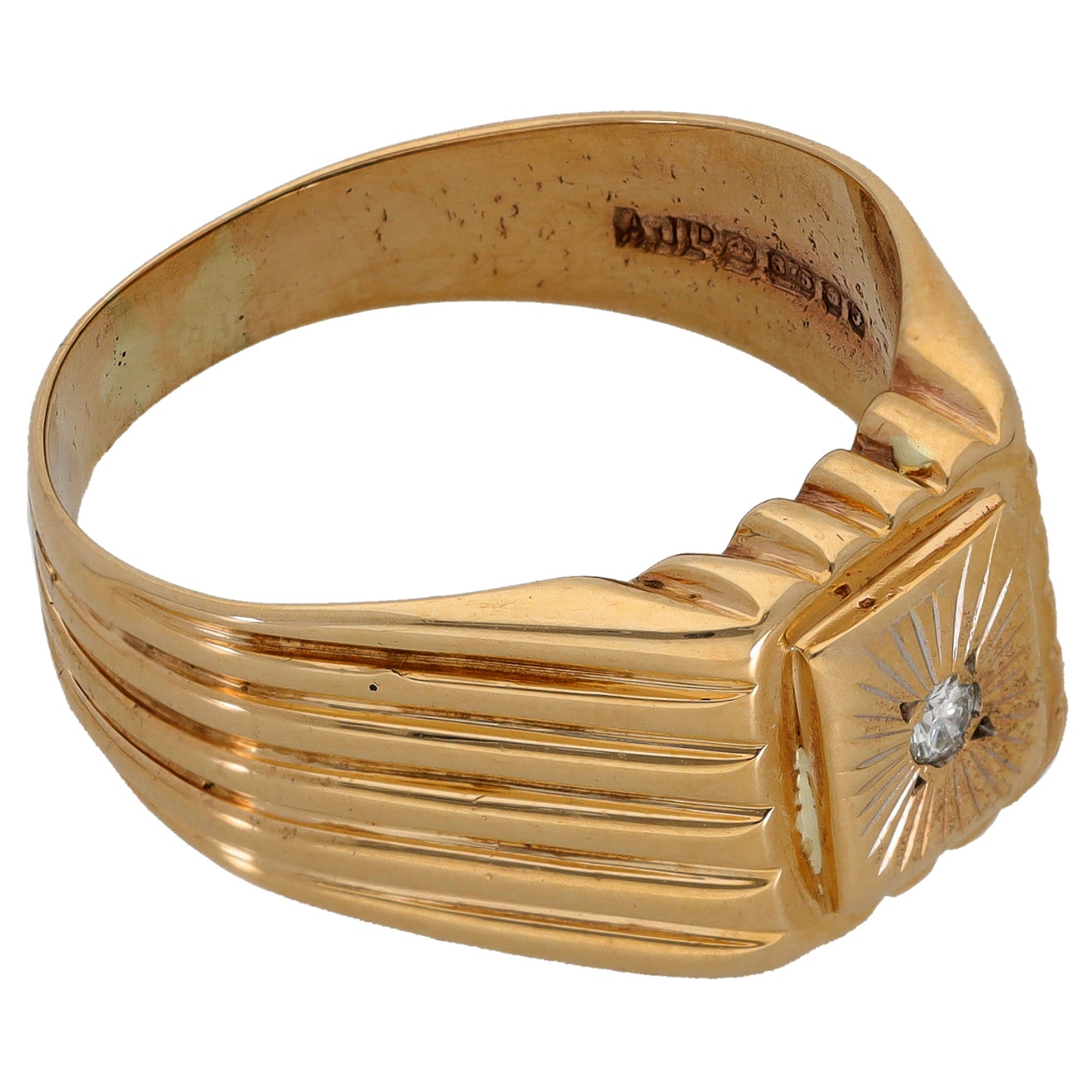 9ct Gold 0.05ct Diamond Patterned Signet Ring Size X