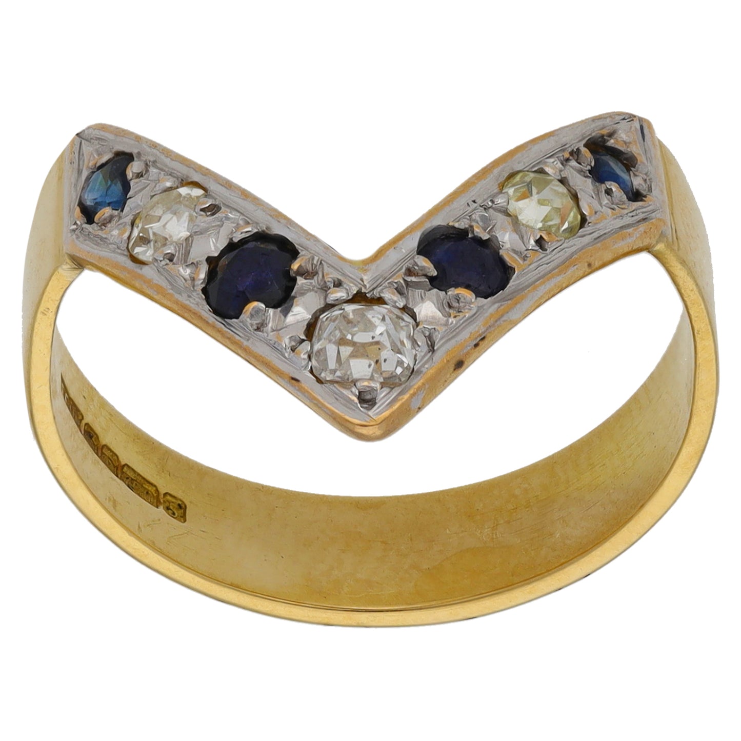 18ct Gold Sapphire & 0.15ct Diamond Wishbone Ring Size N