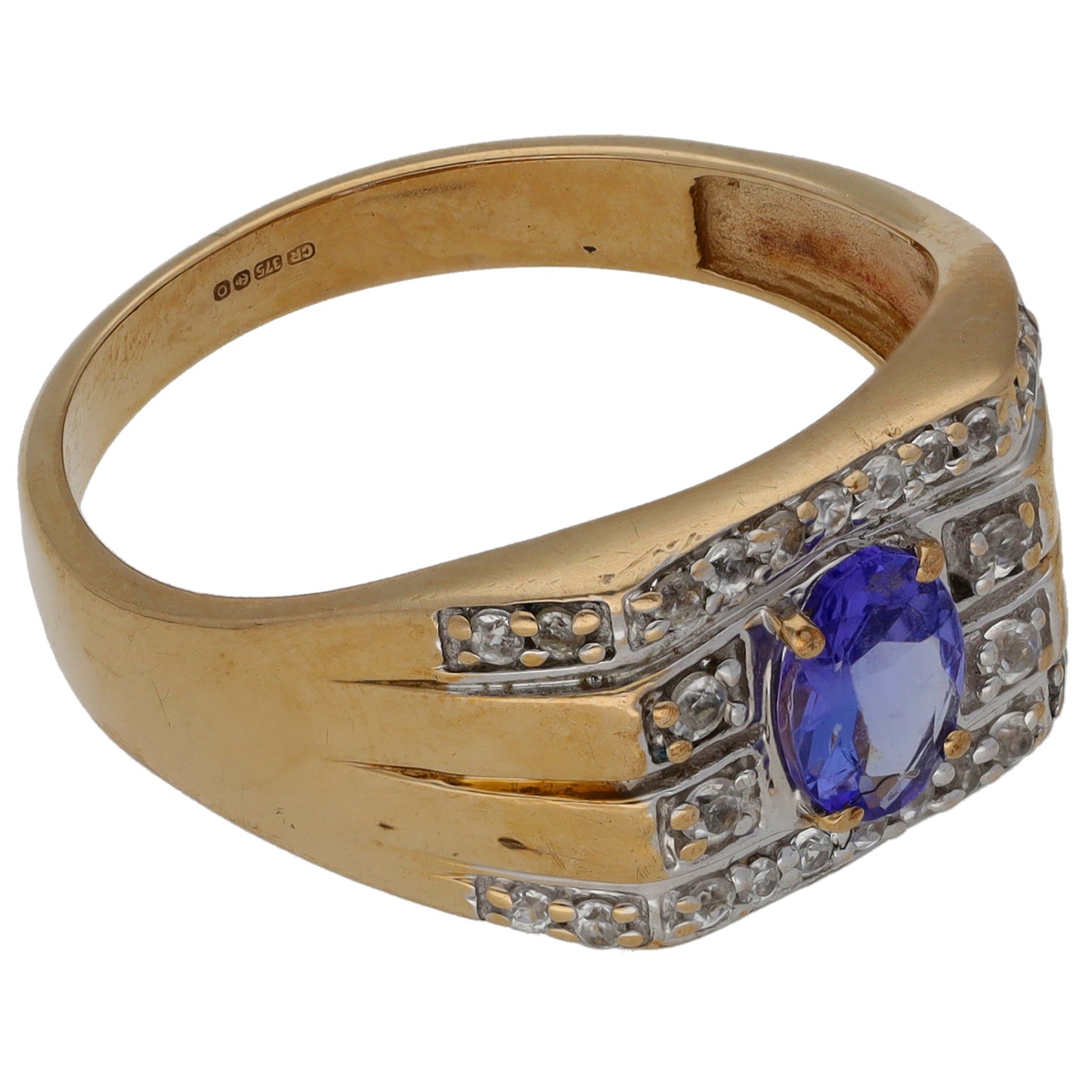 9ct Gold Tanzanite & White Topaz Patterned Signet Ring Size U