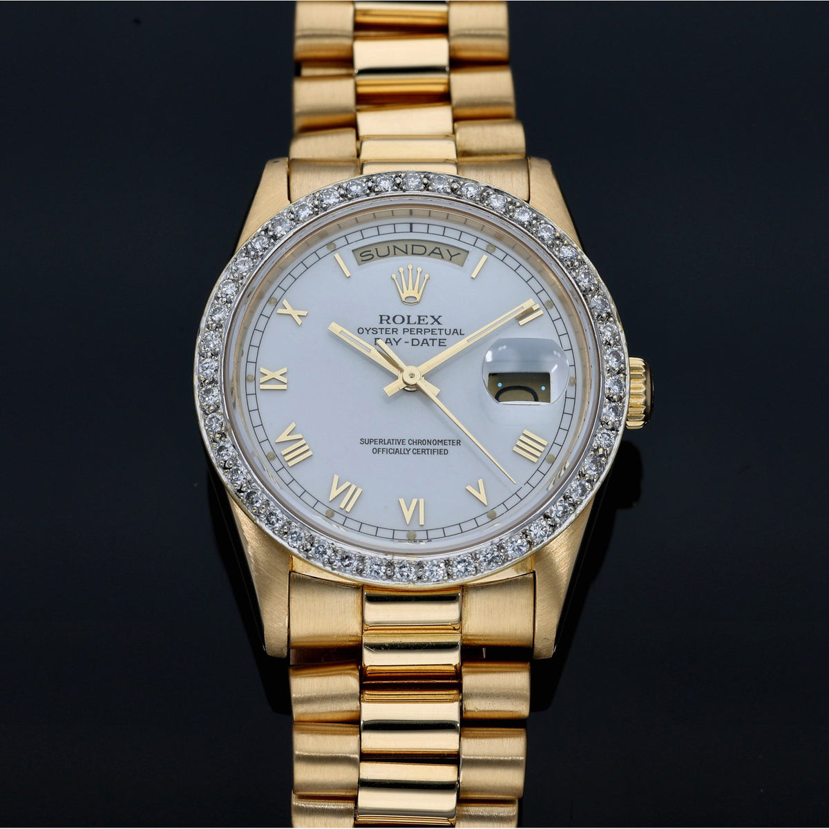 Custom Rolex Day-Date 18238, white dial and gold case and bracelet, front image