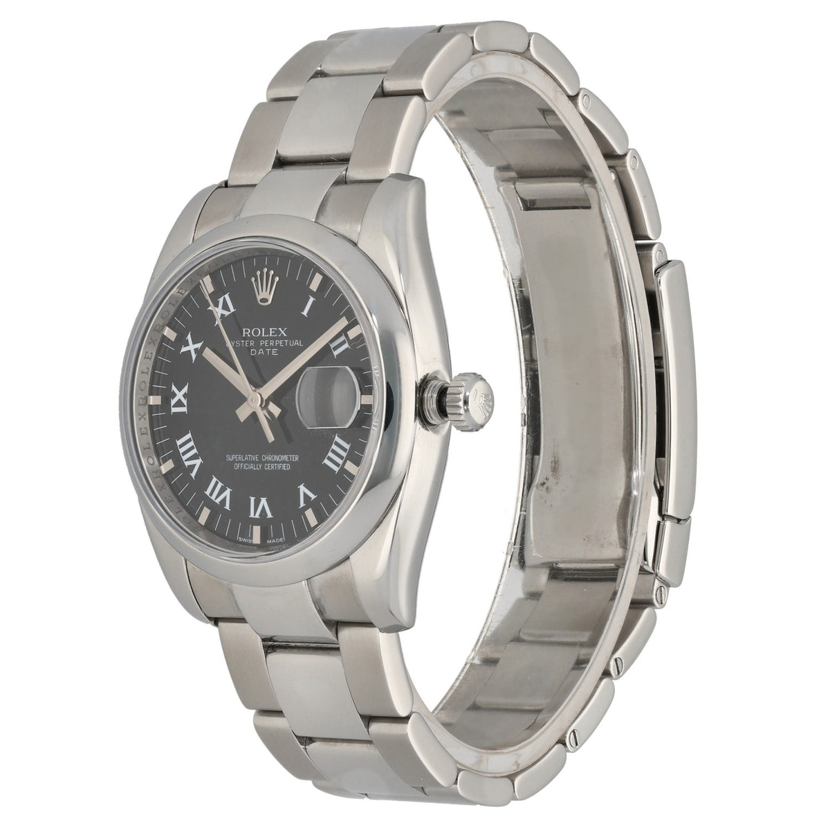 Rolex Date 115200, black dial in 34mm stainless steel case and Oyster bracelet, front angle image