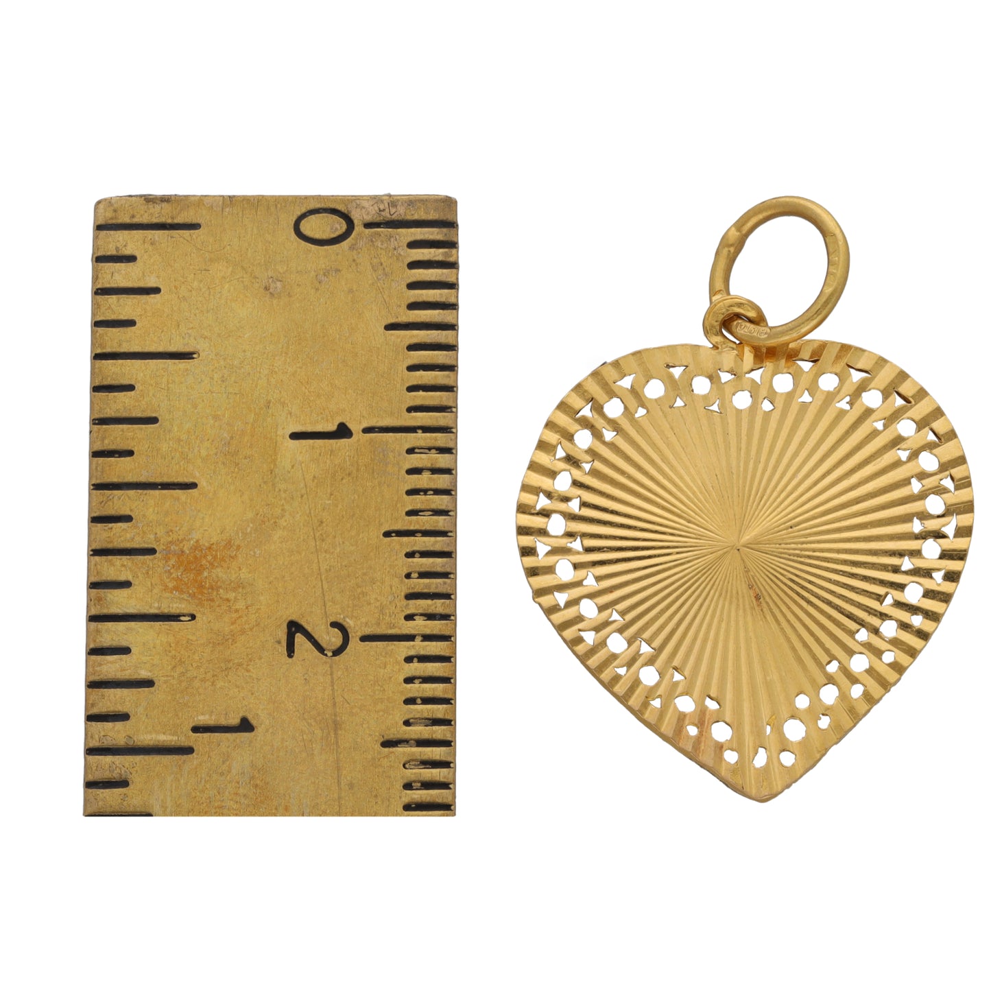 22ct gold heart pendant with radial engraved center and openwork border
