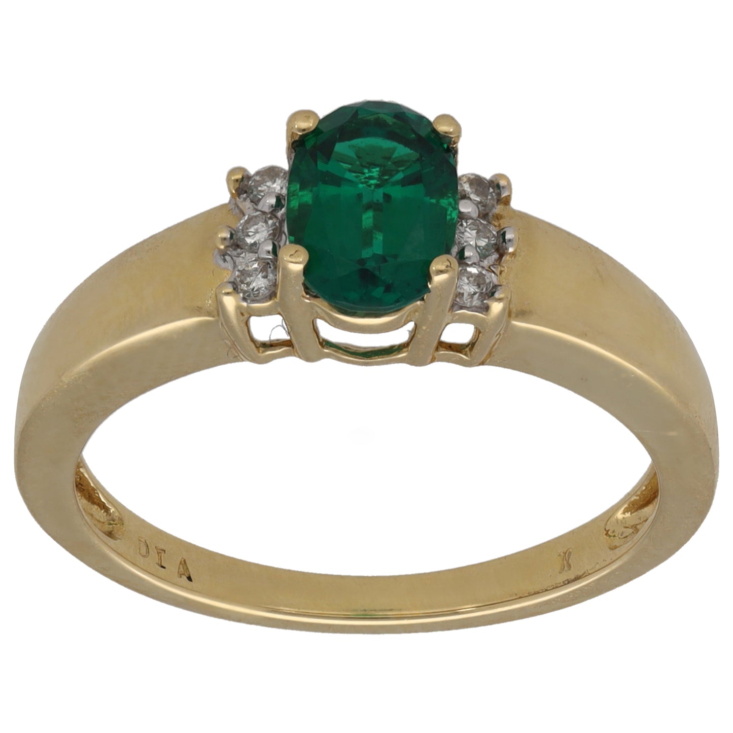 18ct Gold Man Made Emerald & 0.03ct Diamond Single Stone Ring With Accents Size N