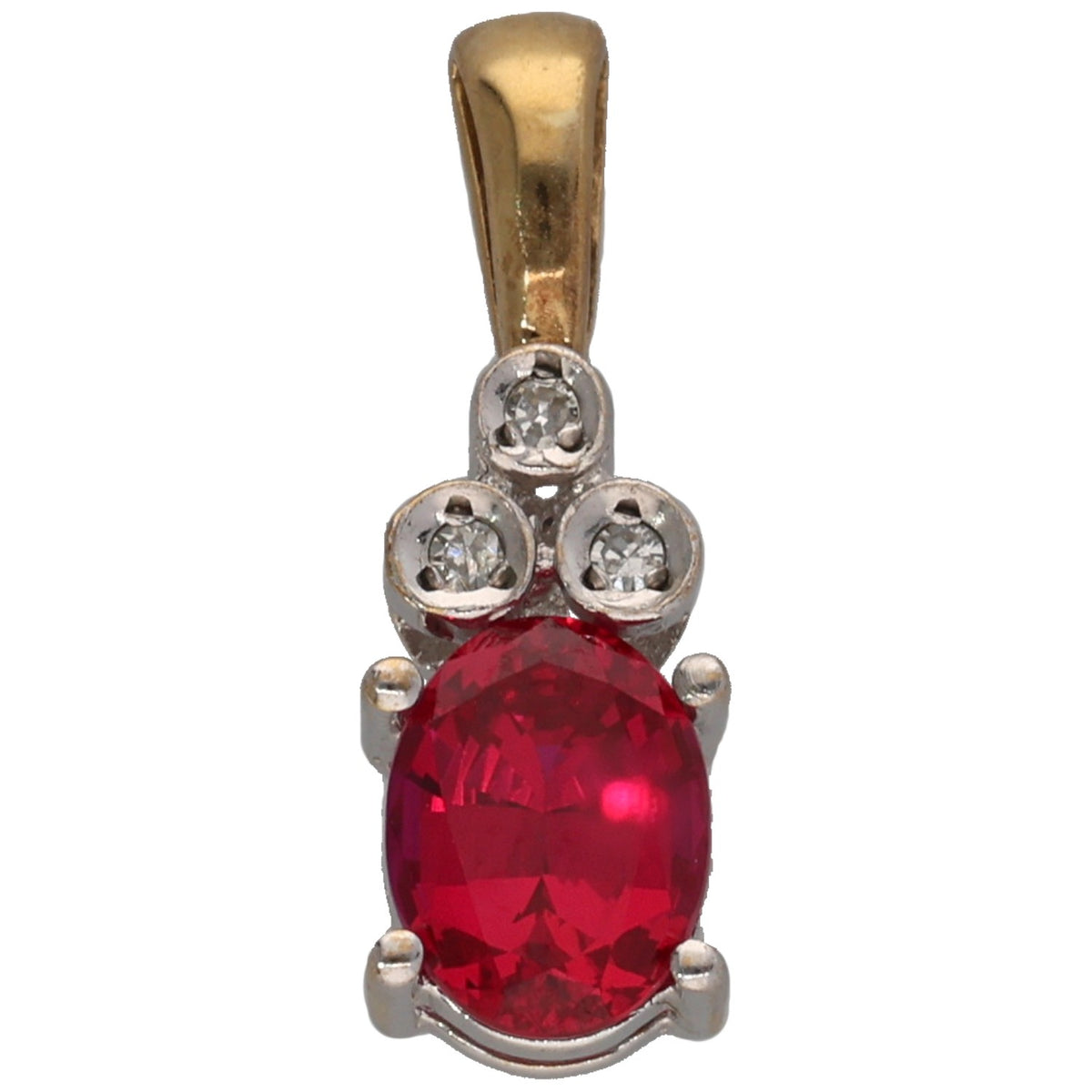 Gold pendant with oval red ruby and three round diamond accents in cluster setting