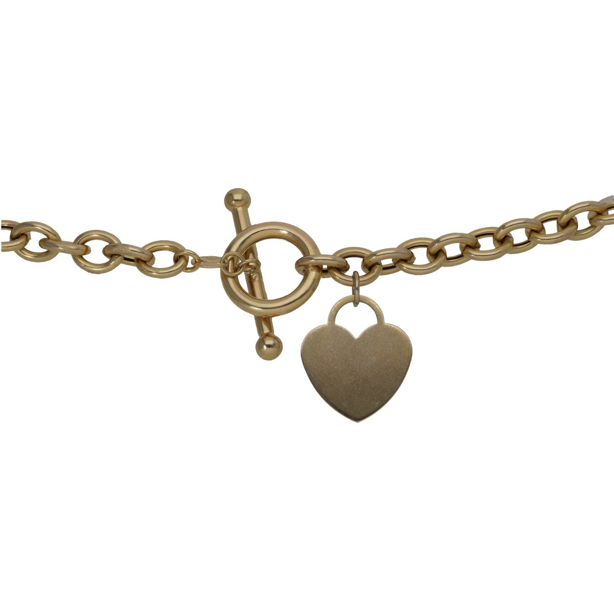 Gold necklace with heart pendant and toggle clasp on oval link chain