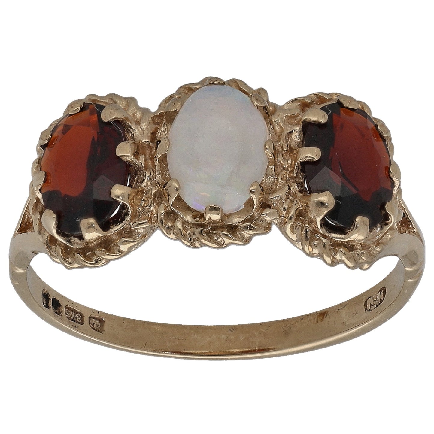 9ct Gold Opal & Garnet Three Stone Ring Size R