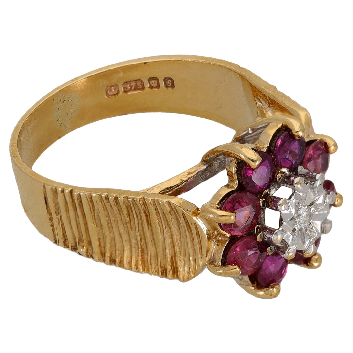 9ct Gold Ruby & 0.01ct Diamond Cluster Ring Size K