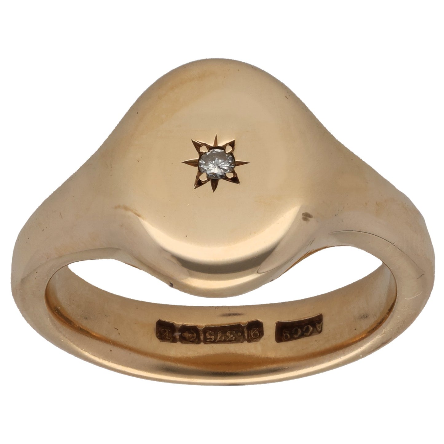9ct Gold 0.03ct Diamond Plain Single Stone Signet Ring Size U