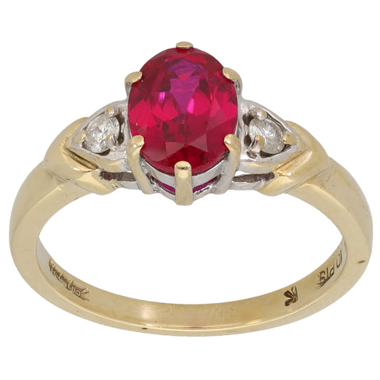 9ct Gold Man Made Ruby & 0.10ct Diamond Dress/Cocktail Ring Size N