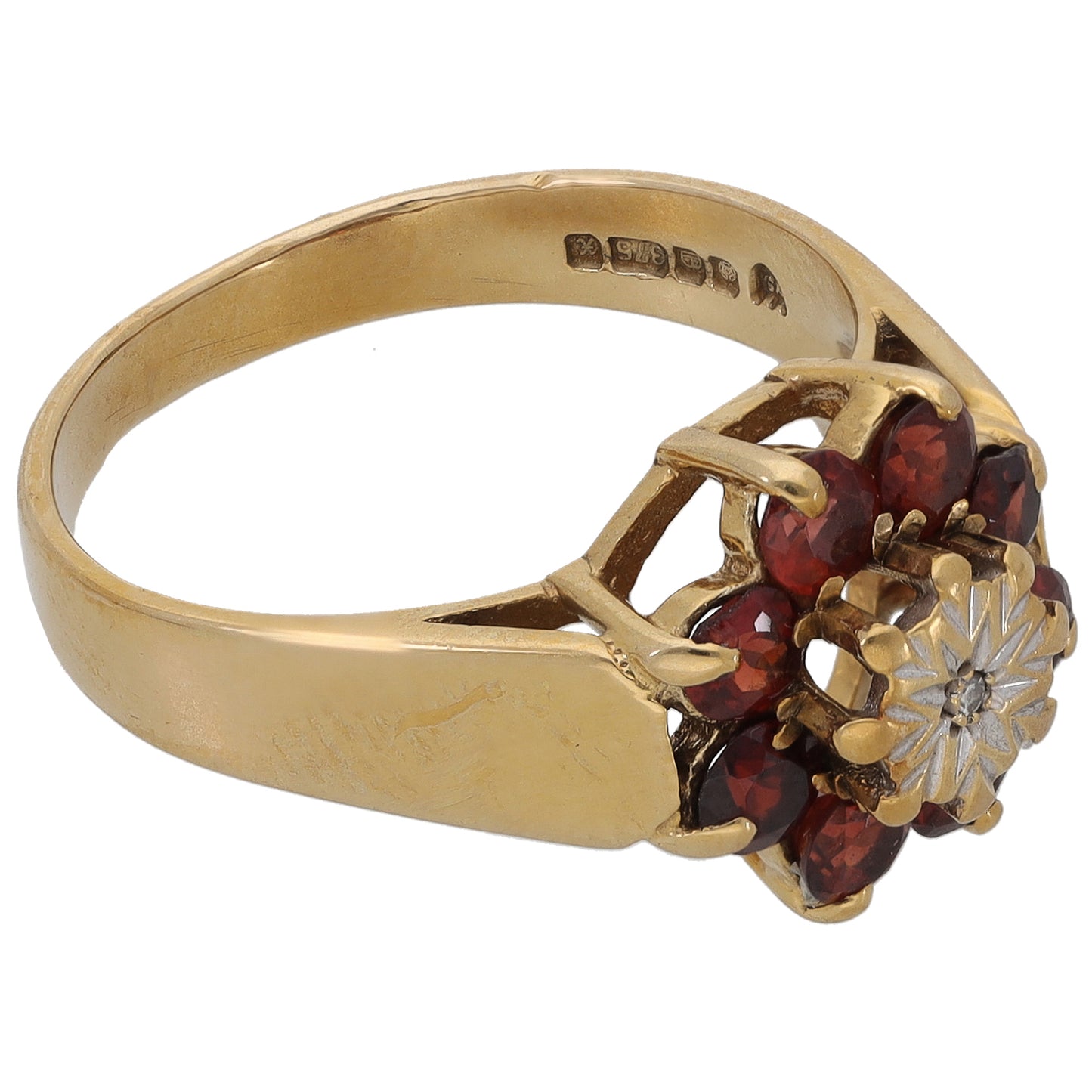 9ct Gold 0.005ct Diamond & Garnet Cluster Ring Size M