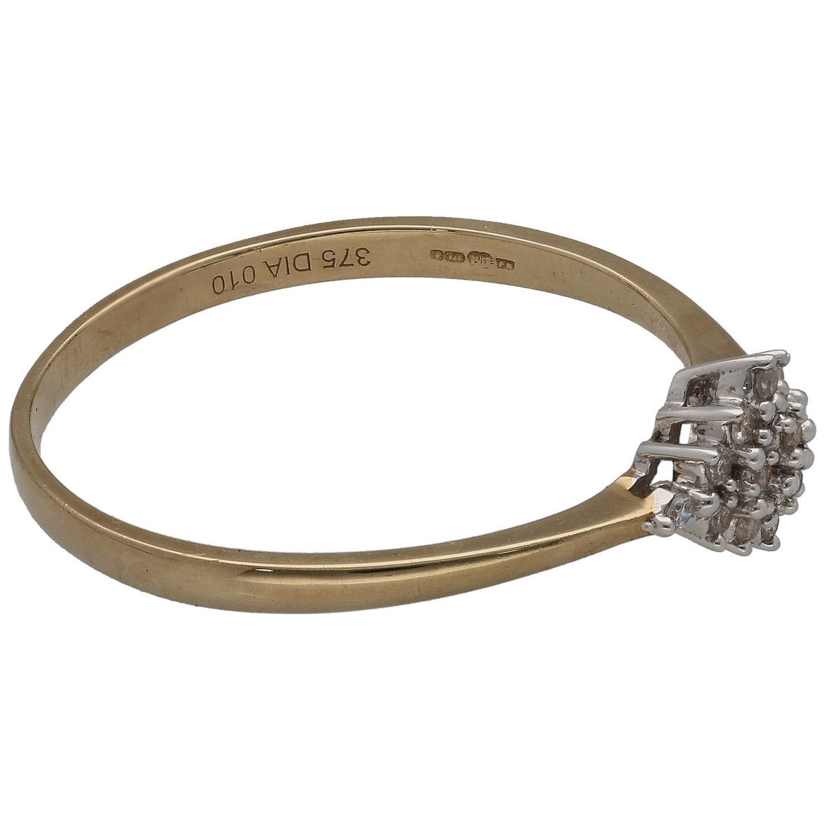 9ct gold round diamond cluster ring, side view with clustered round stones