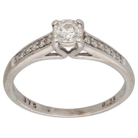 9ct White Gold 0.25ct Diamond Solitaire Ring With Accent Stones Size O