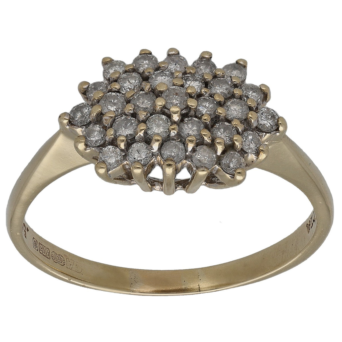 9ct gold round diamond cluster ring with prong-set round stones, front view