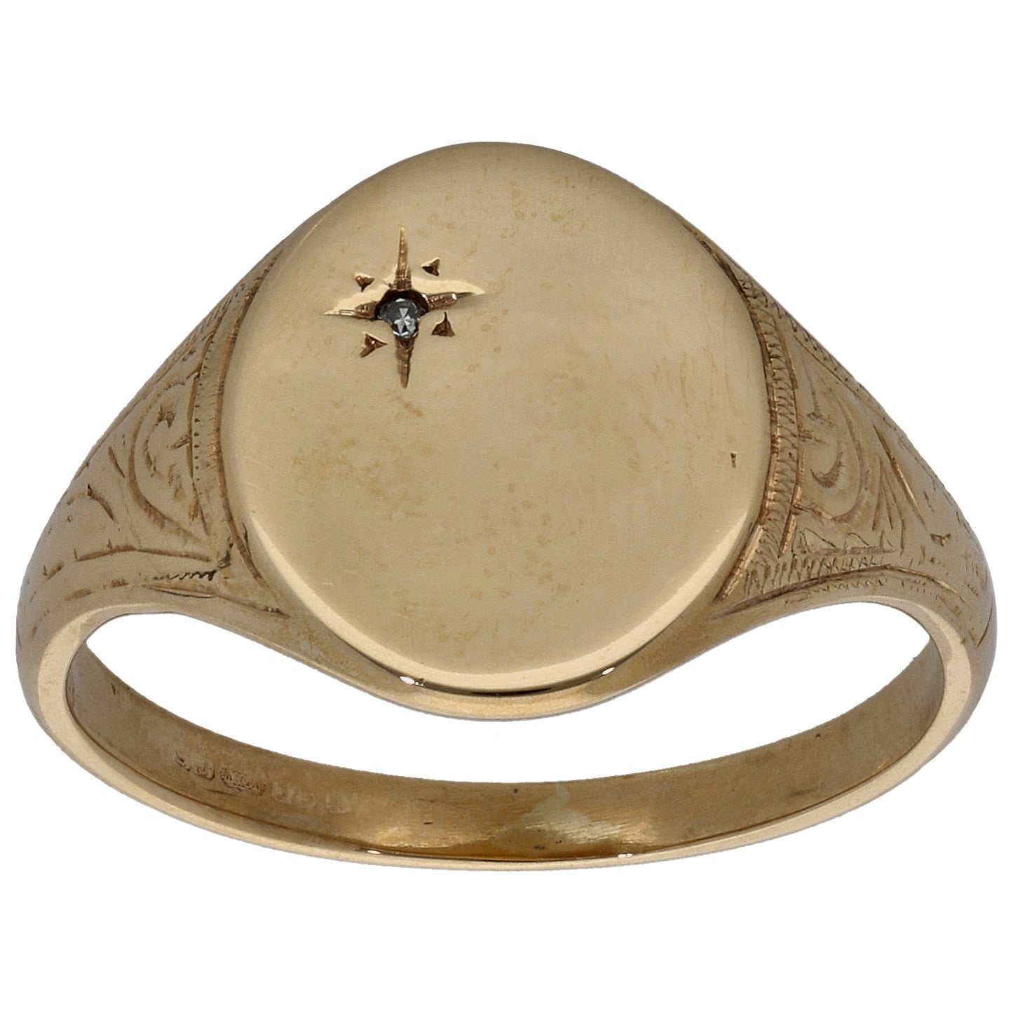 9ct Gold 0.01ct Diamond Patterned Single Stone Signet Ring Size O