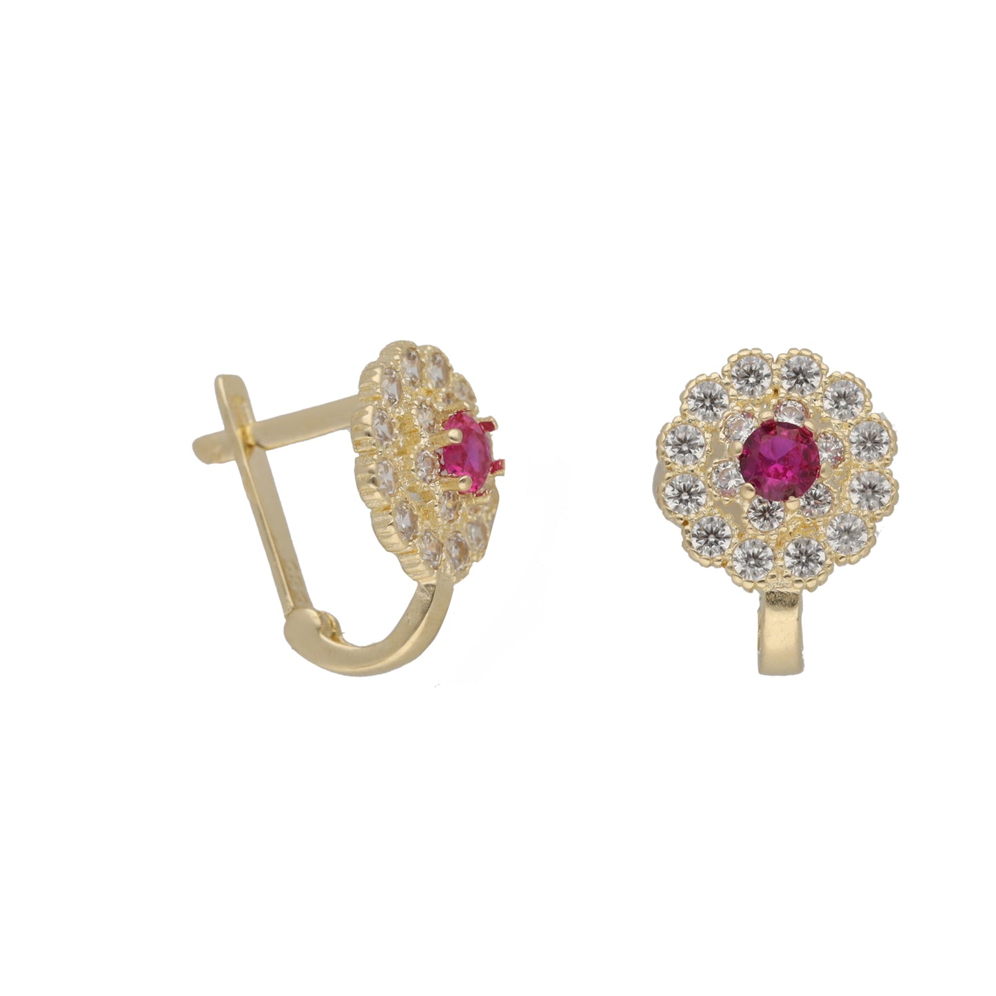 New 14ct Gold Red Cubic Zirconia Flower Earrings