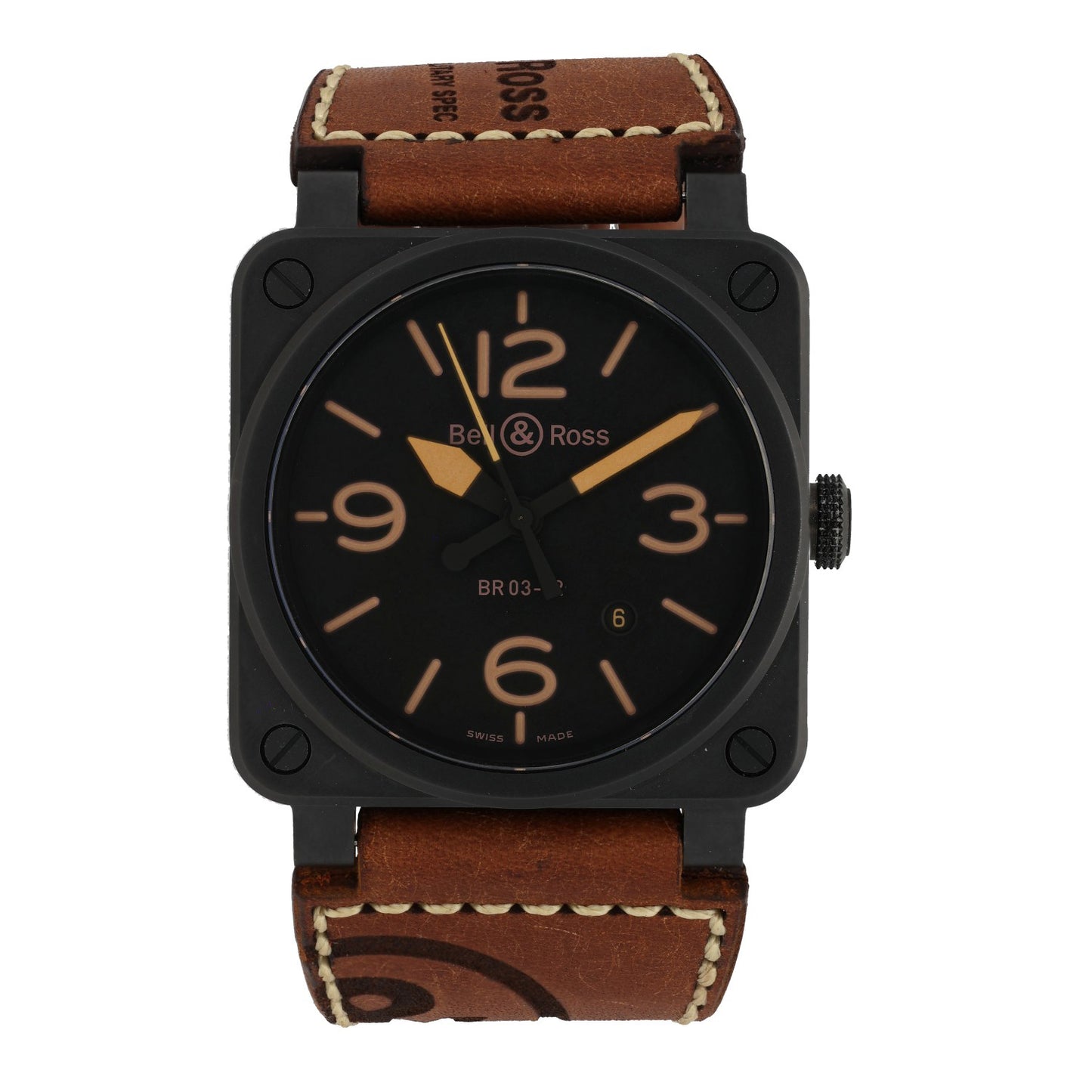 Bell & Ross BR03 BR03-92, black ceramic case, brown leather strap