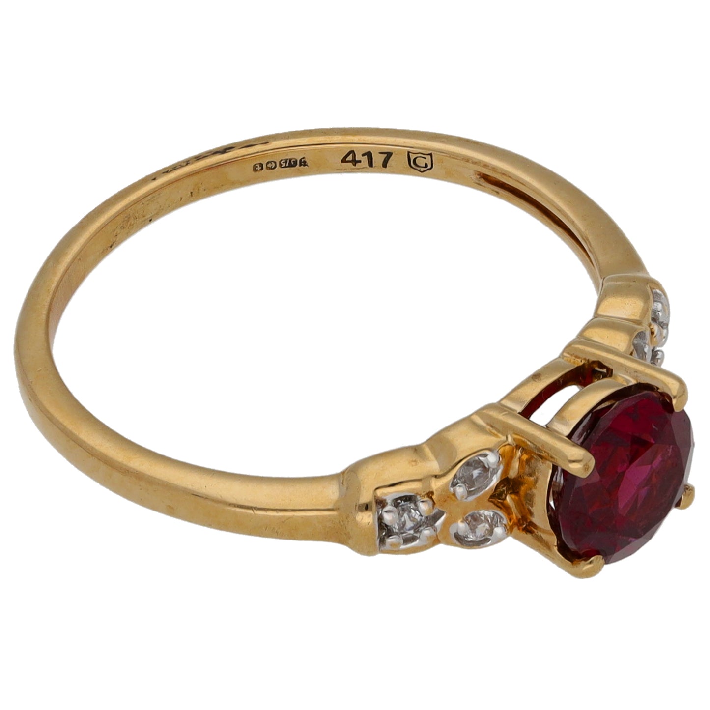 9ct Gold Garnet & Imitation Single Stone Ring with Accent Stones Size N
