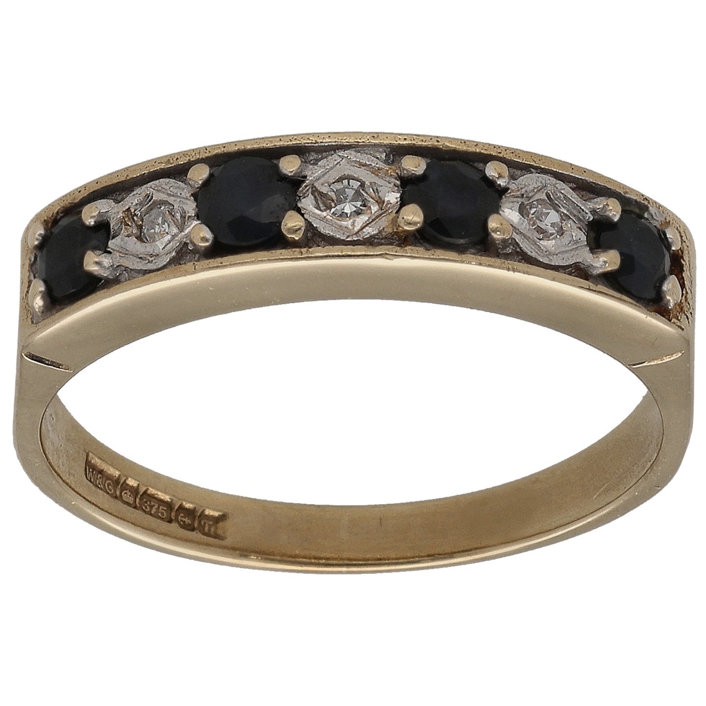 9ct gold half eternity ring with dark sapphire and round diamond accents, front view
