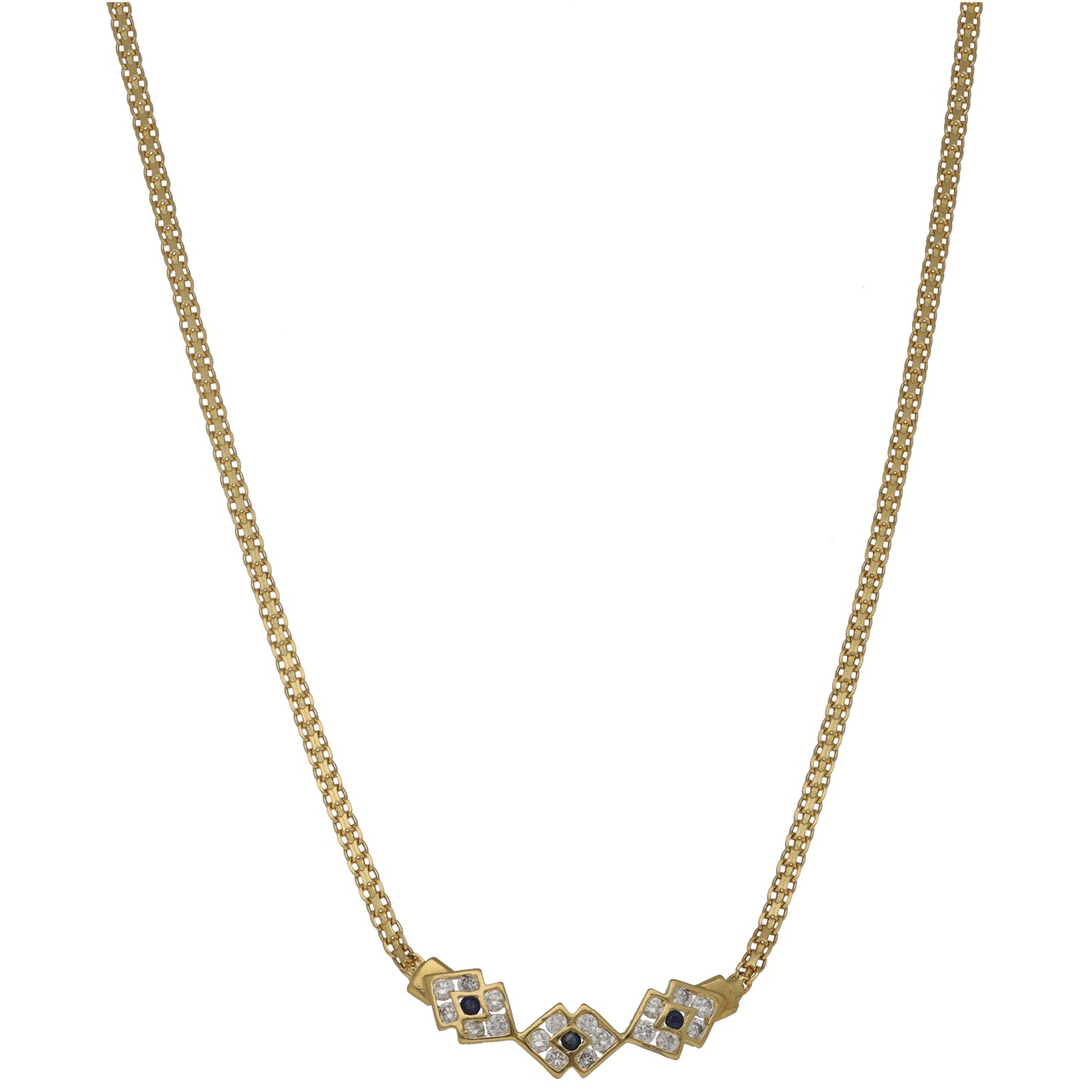 Gold-tone chain necklace with square blue gem stations and decorative link settings