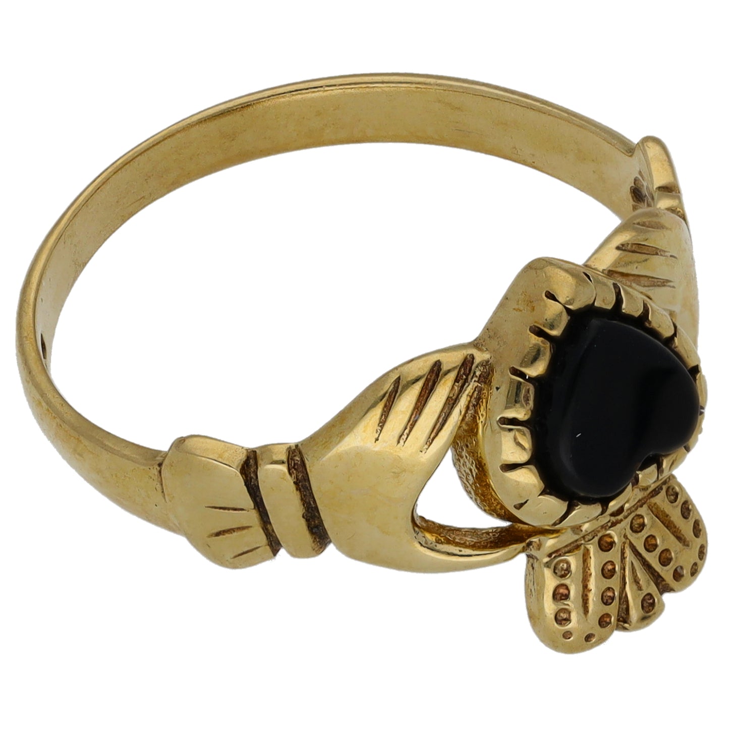 9ct Gold Onyx Single Stone Claddagh Ring Size Q