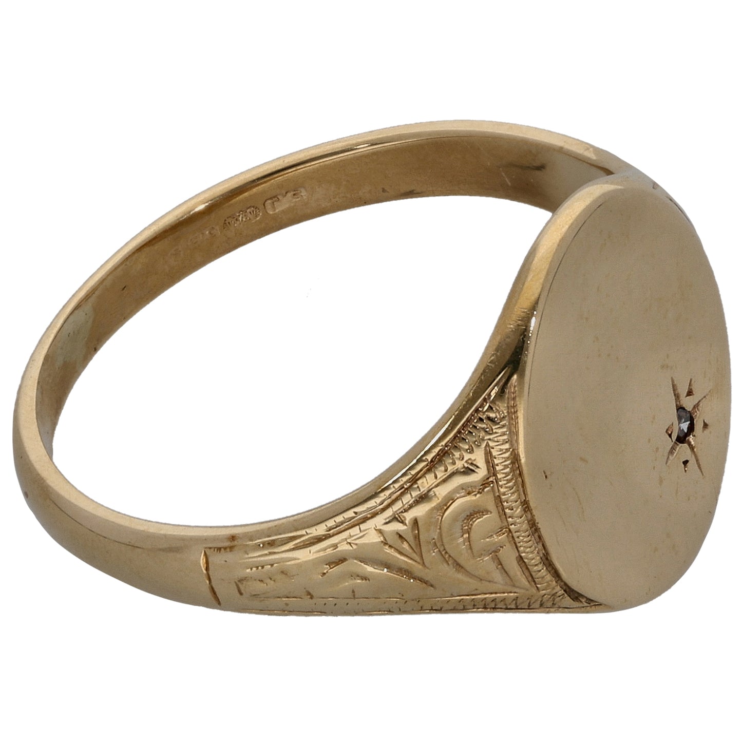 9ct Gold 0.01ct Diamond Patterned Single Stone Signet Ring Size O