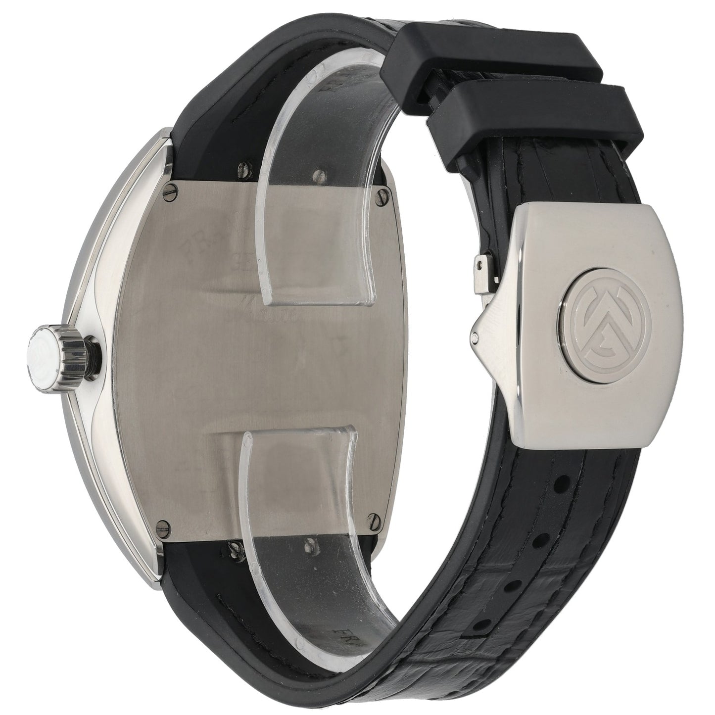 Franck Muller VANGUARD watch caseback view with crown and black leather strap
