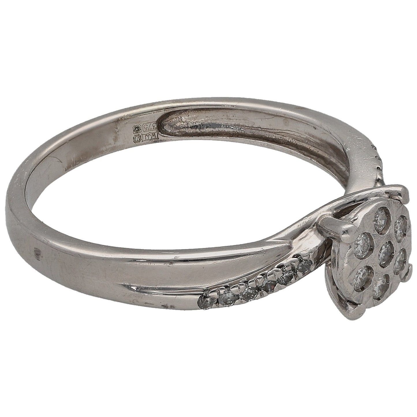 White gold diamond cluster ring with round center and pavé shoulders