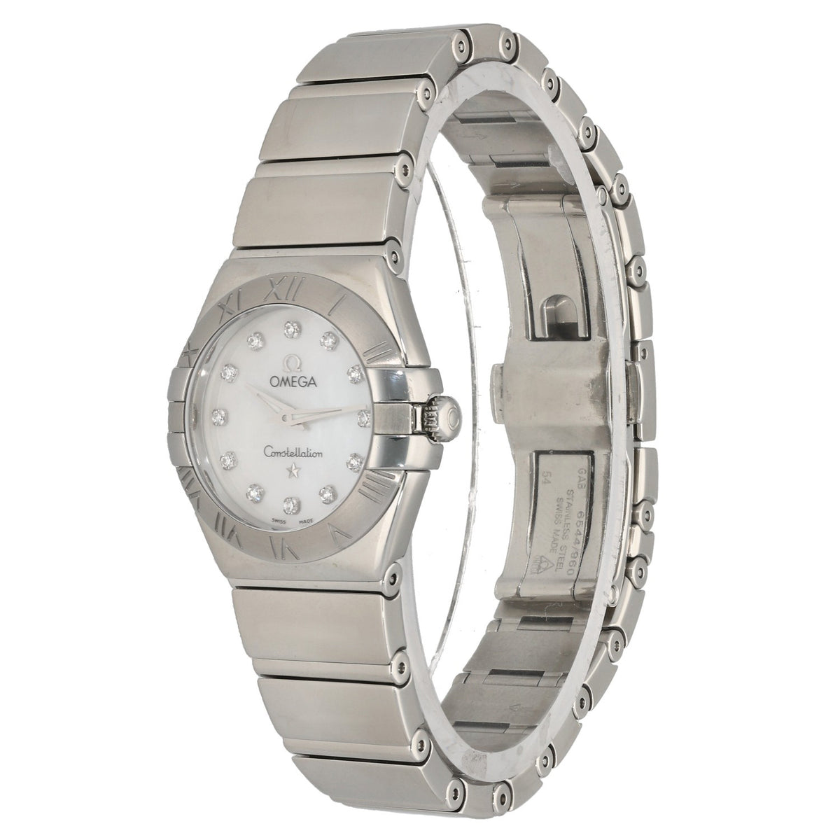 Omega Constellation 131.10.25.60.52.001, stainless steel bracelet and case housing a white Mother of Pearl dial with diamond hour markers, front angle image