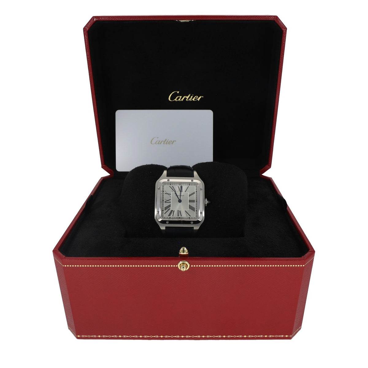 Cartier Santos Dumont WSSA0022, silver dial in stainless steel case with black leather bracelet, in red Cartier box