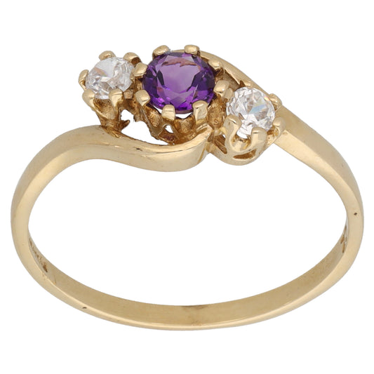 9ct Gold Amethyst & Cubic Zirconia Three Stone Ring Size N