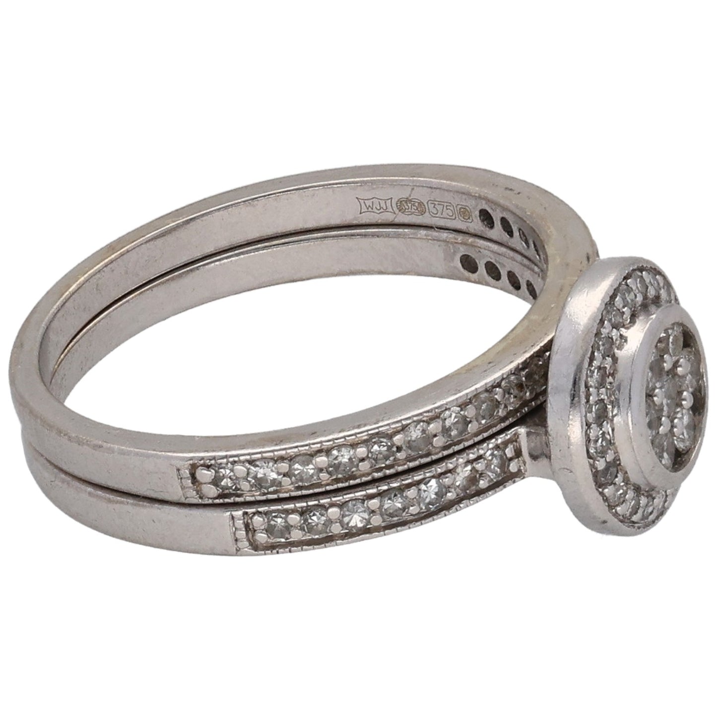 9ct White Gold 0.69ct Diamond Halo & Half Eternity Ring Set Size N