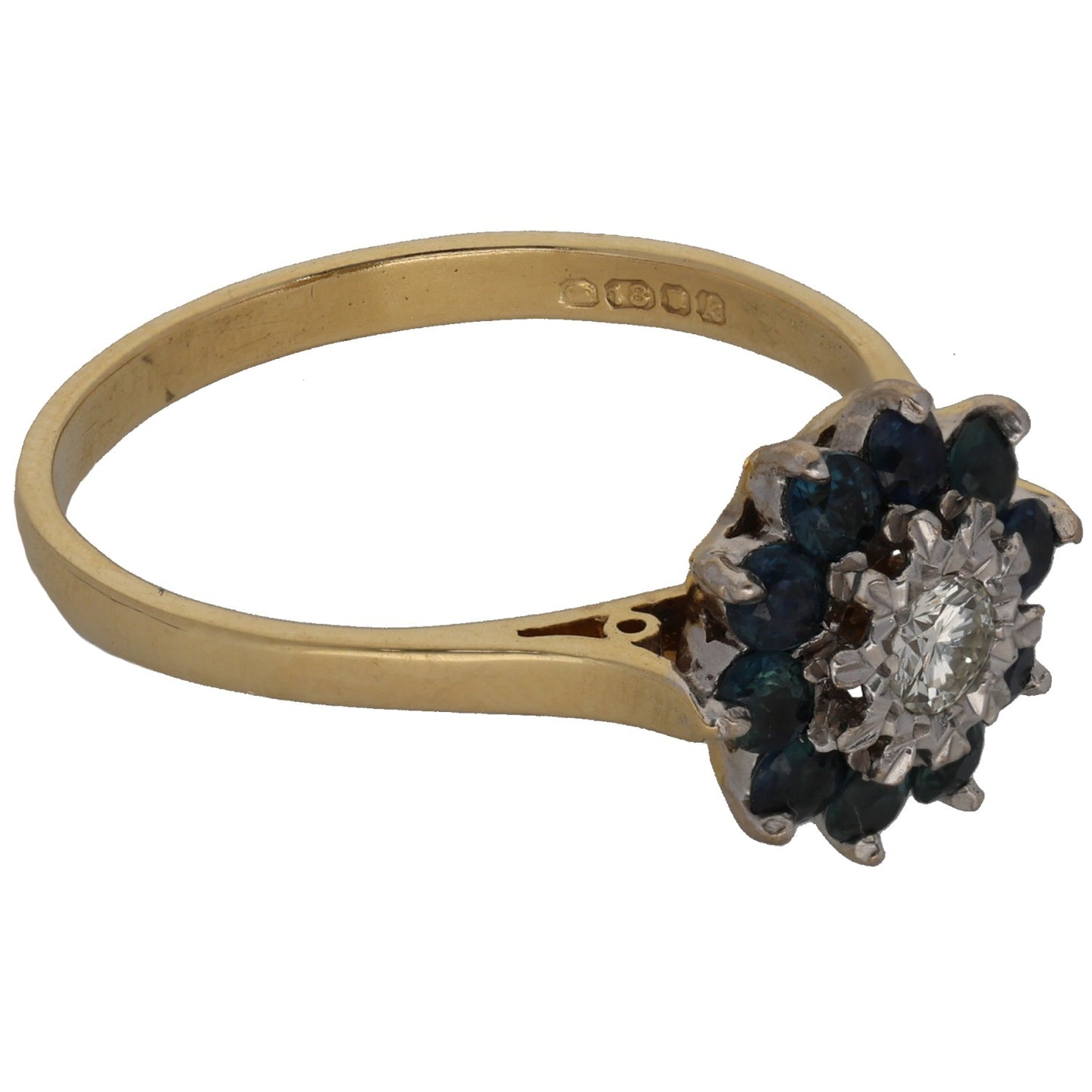 18ct Gold Sapphire & 0.15ct Diamond Cluster Ring Size R