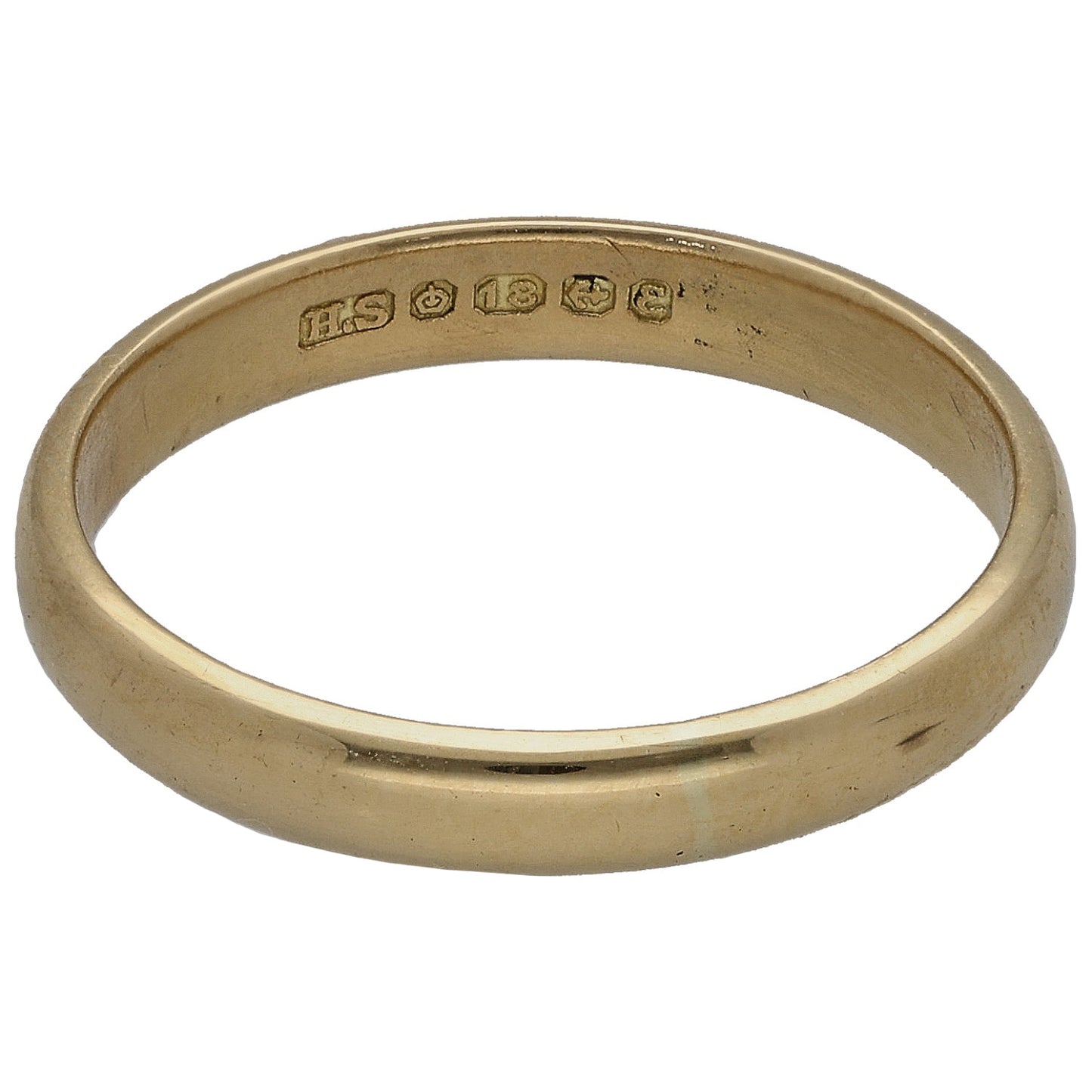 18ct gold wedding ring with stamped inner hallmarks, polished band, size N