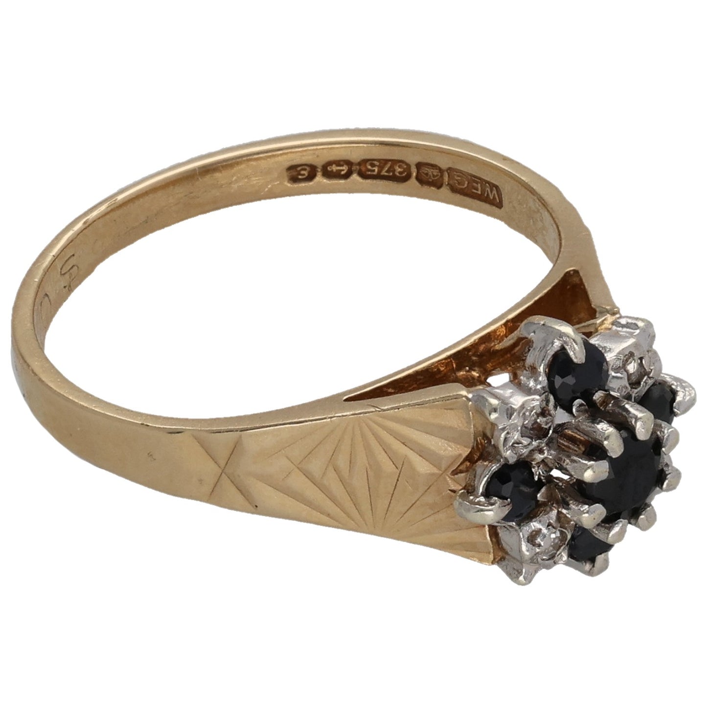 9ct Gold Sapphire & 0.02ct Diamond Cluster Ring Size M