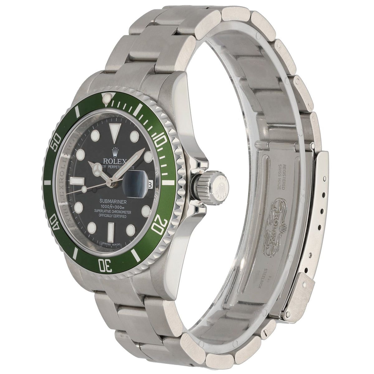 Stainless steel diver watch, green bezel and black dial with metal bracelet, side view