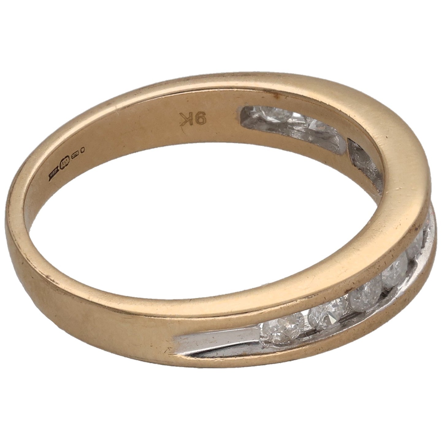 9ct gold half-eternity ring, stamped inside, with round diamonds on edge