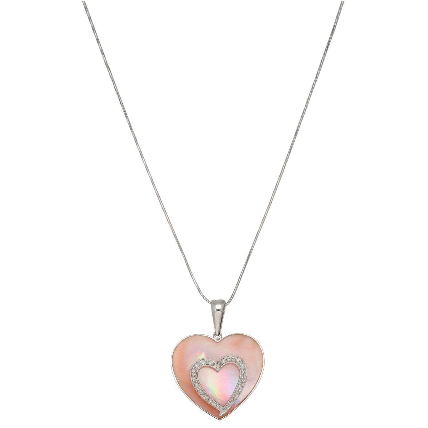 9ct White Gold Mother Of Pearl & 0.10ct Diamond Heart Pendant With Chain