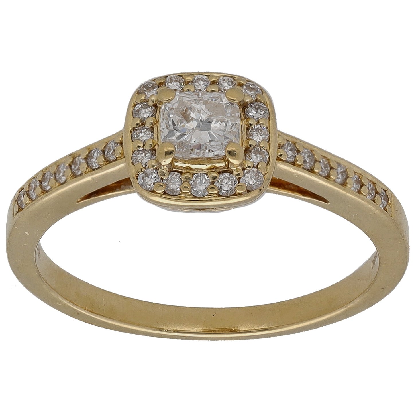 18ct gold cushion diamond cluster ring with pavé diamond band